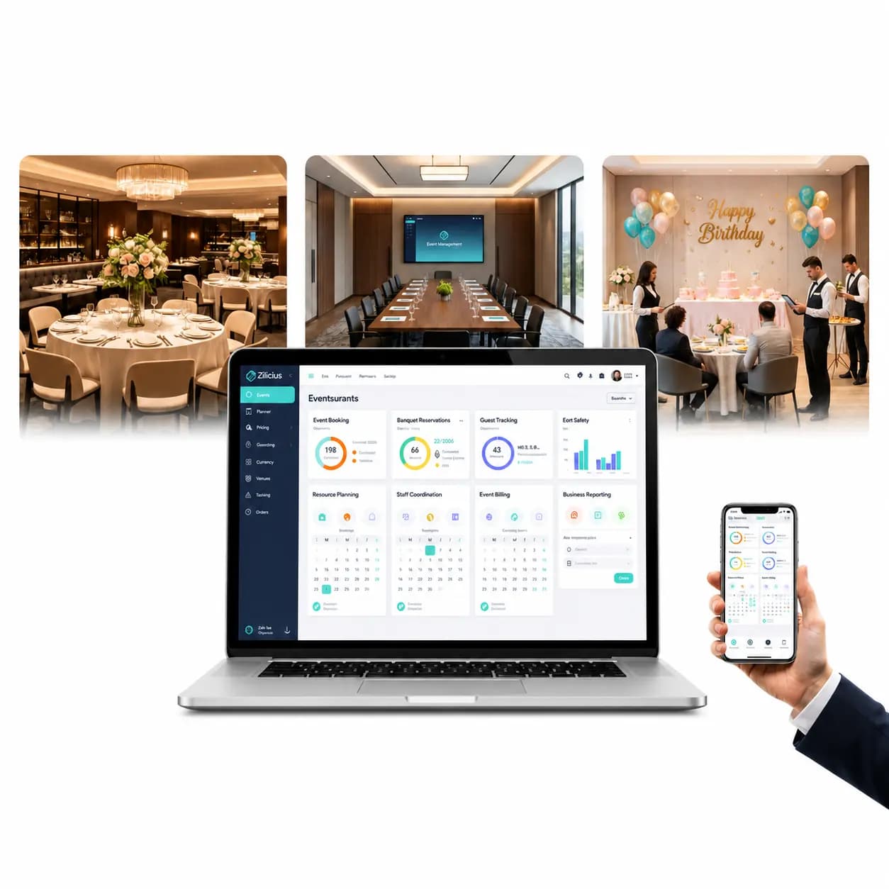 Cloud-based event management software showing centralized control of multiple events with features like agenda planning, speaker management, registration forms, and live event updates.