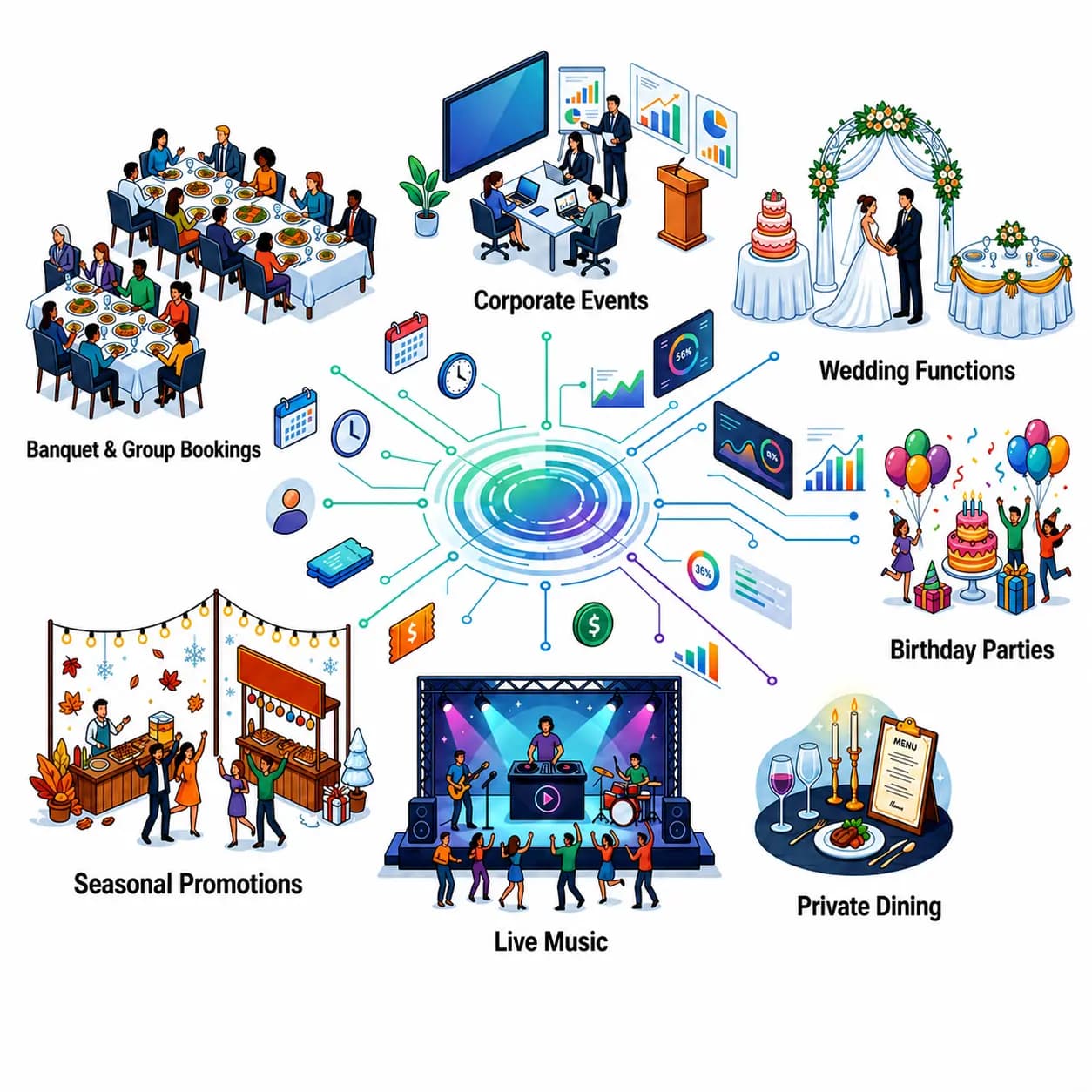 Event management system interface designed for businesses, showcasing tools for organizing corporate events, managing invitations, tracking participant engagement, and analyzing event success metrics.