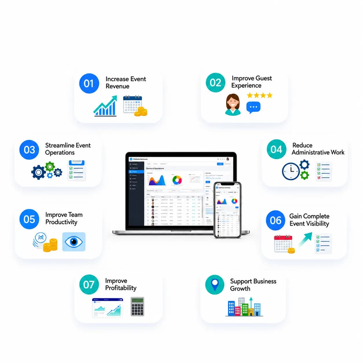 Professional event management dashboard illustrating multi-event handling capabilities with timelines, resource allocation, vendor management, and performance analytics for large-scale events.