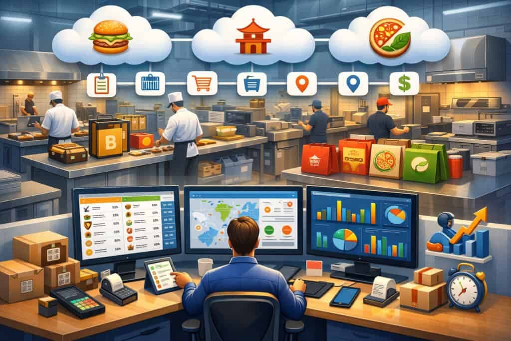 Cloud Kitchen Management Software by Zilicius helping food delivery businesses streamline online orders, kitchen operations, inventory management, billing, analytics, and multi-brand cloud kitchen management through a centralized digital platform.