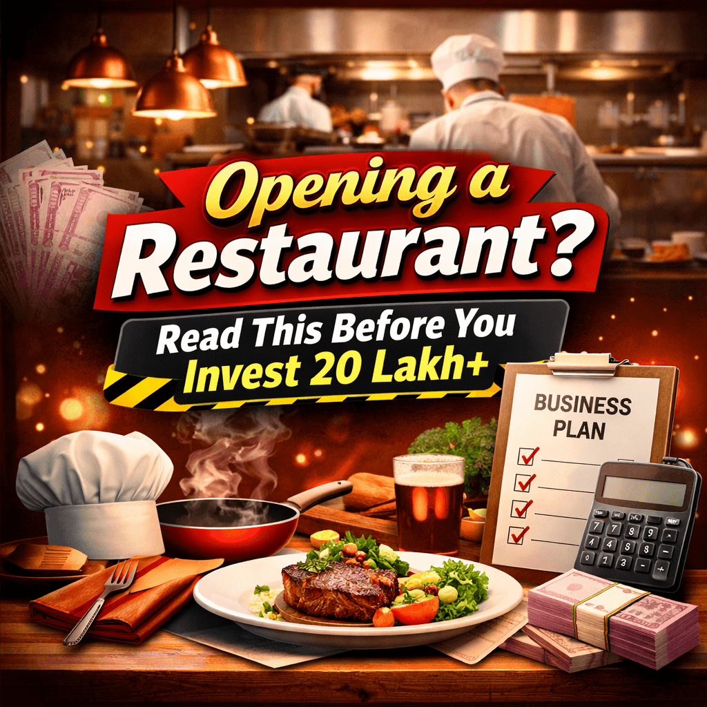 Opening a restaurant investment concept image featuring a chef in a modern kitchen, food on a table, Indian currency bundles, and bold text “Opening a Restaurant? Read This Before You Invest 20 Lakh+” highlighting business planning and startup costs.