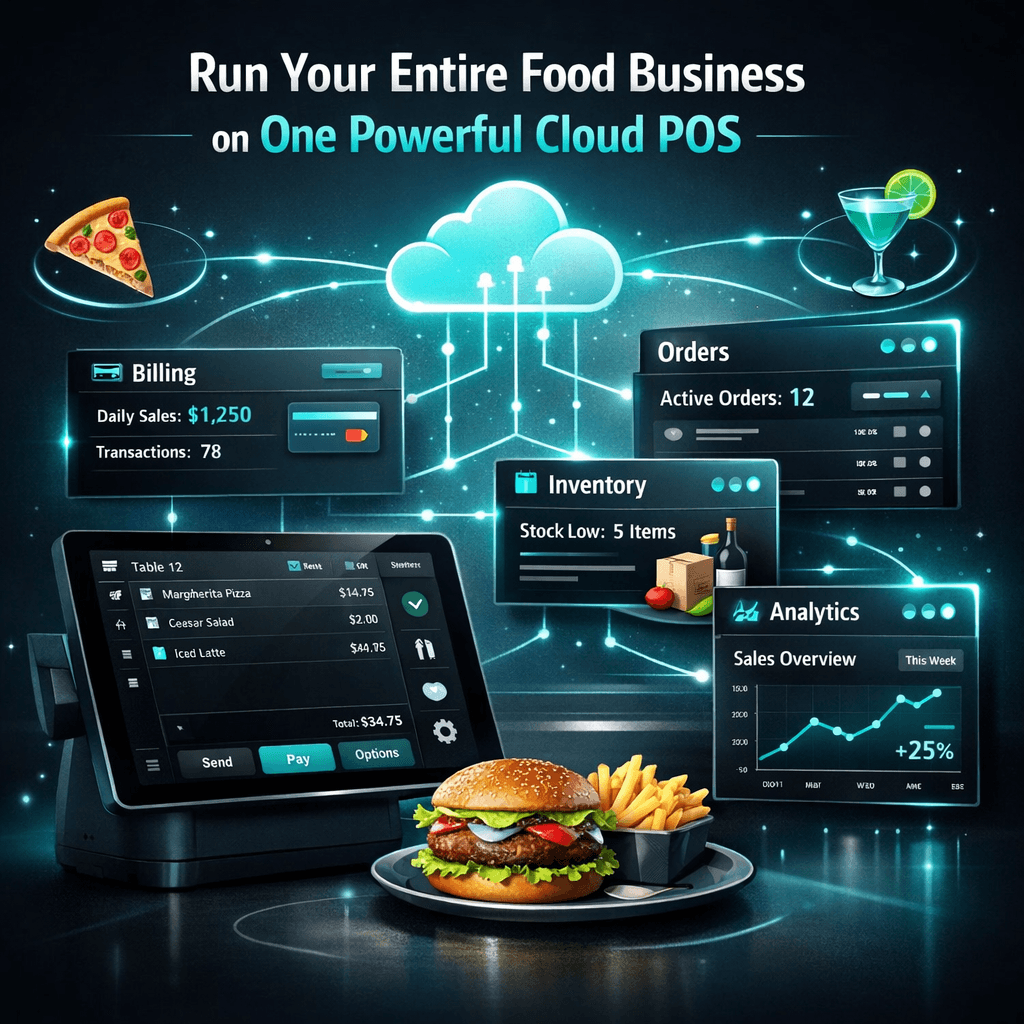 Cloud POS dashboard managing restaurant billing, orders, inventory, and staff in one system