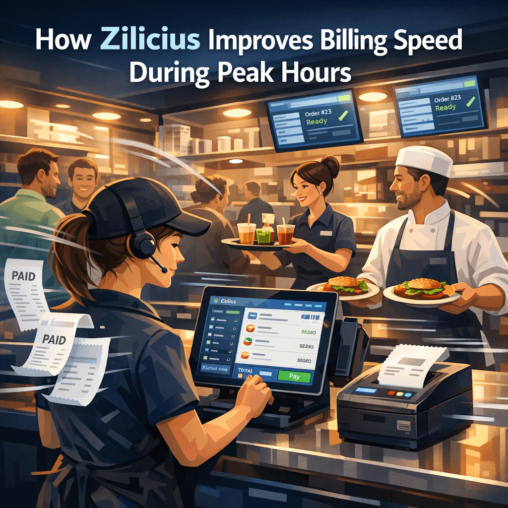 Restaurant staff using Zilicius billing software during peak hours to process fast, seamless orders and payments efficiently at a busy counter.