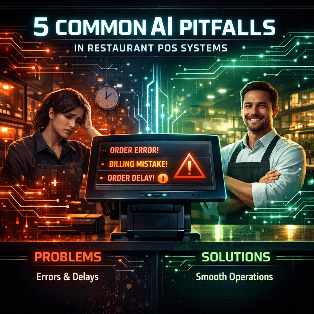 AI pitfalls in restaurant POS system showing billing errors, order delays, and smart solutions for restaurants