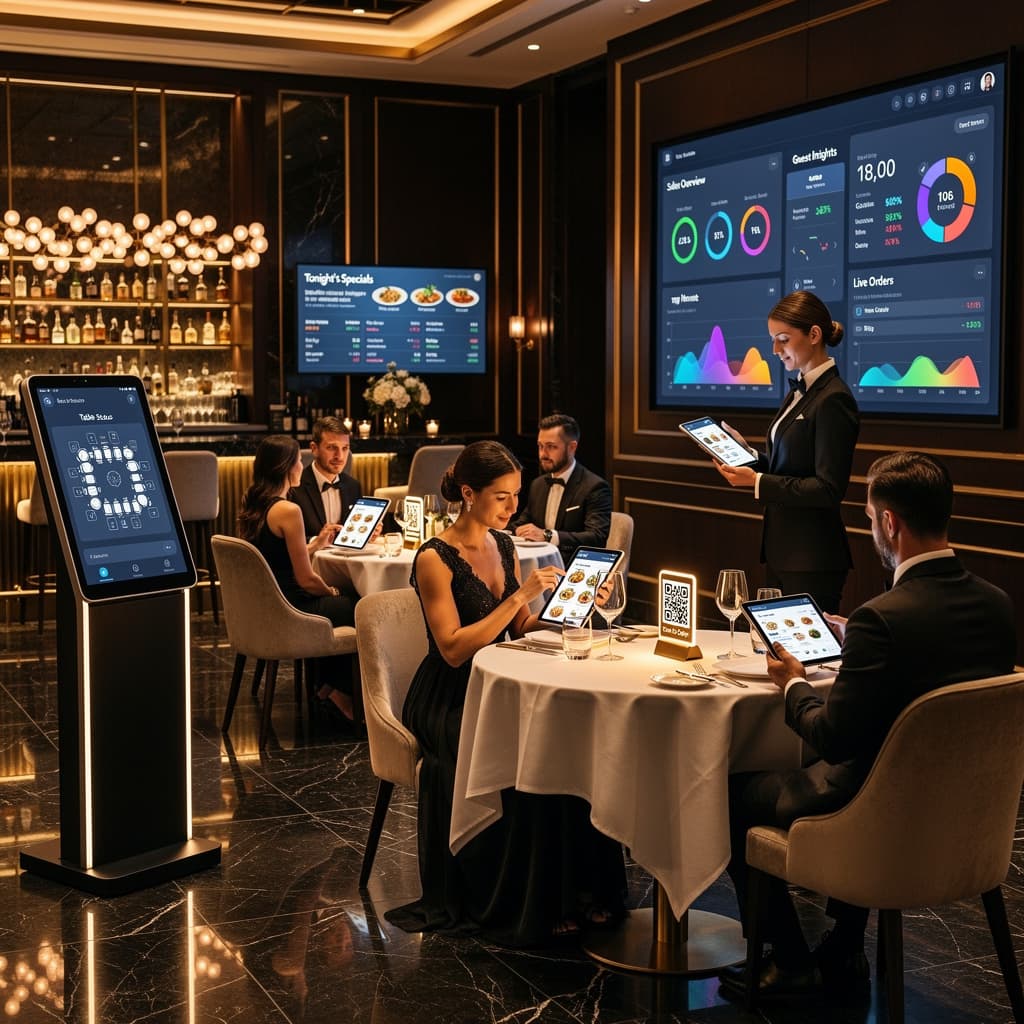 Fine dining restaurant using smart technology including digital menus, POS systems, reservation management, and customer experience tools to enhance modern restaurant service.