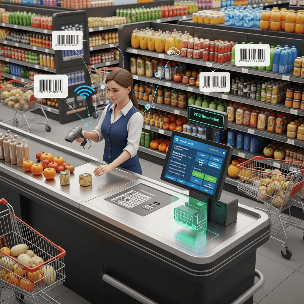 Best POS Software for Grocery Stores in India 2026 featuring smart grocery billing, inventory management, barcode scanning, GST invoicing, and retail automation dashboard.