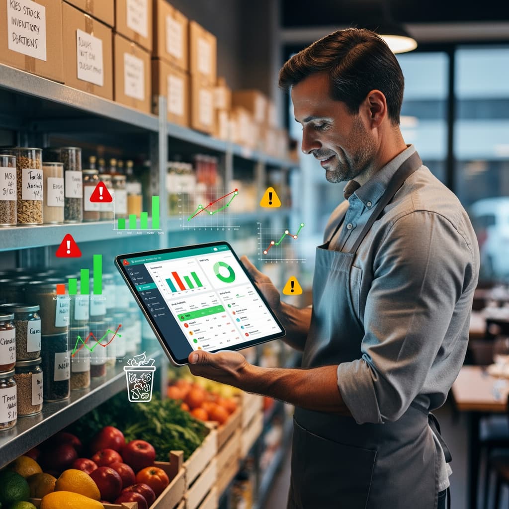 Restaurant manager using inventory management software to track stock levels, reduce food waste, and prevent costly inventory mistakes in a restaurant.
