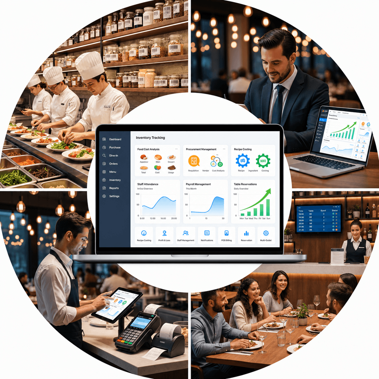 Restaurant management software dashboard showing inventory tracking, staff management, billing automation, and cost reduction analytics for improved restaurant profitability.