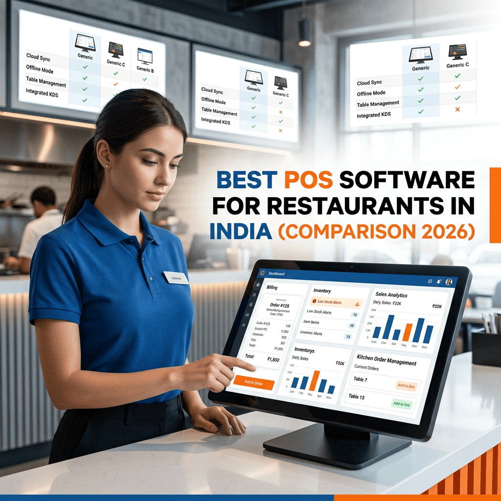 Best POS software for restaurants in India comparison 2026 showing touchscreen billing system, inventory dashboard, and restaurant management tools.