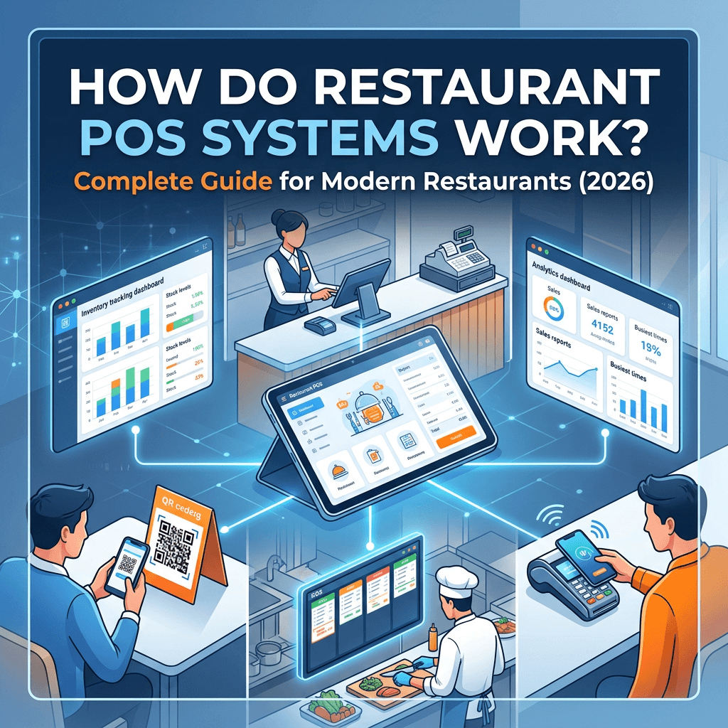 Restaurant POS system dashboard showing order processing, billing, inventory tracking, digital payments, and restaurant operations management for modern restaurants in 2026.