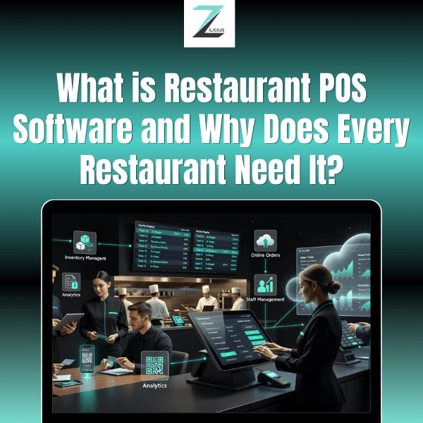 Modern restaurant using POS software for billing, order management, inventory tracking, digital payments, and restaurant operations with cloud-based analytics dashboard.