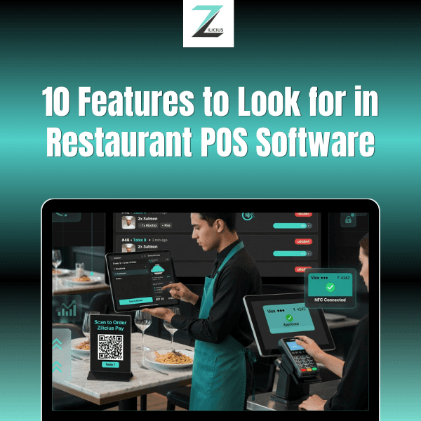 Restaurant POS Software dashboard showing digital billing, Kitchen Display System, QR ordering, inventory management, and cloud restaurant management features by Zilicius.
