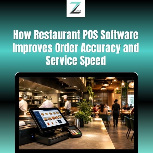 Modern restaurant counter with a cloud-based POS terminal, card payment machine, open kitchen, and customers dining in the background