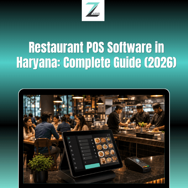 Restaurant POS software displayed on a digital terminal in a modern restaurant, with staff, chefs, customers, and payment equipment in the background.